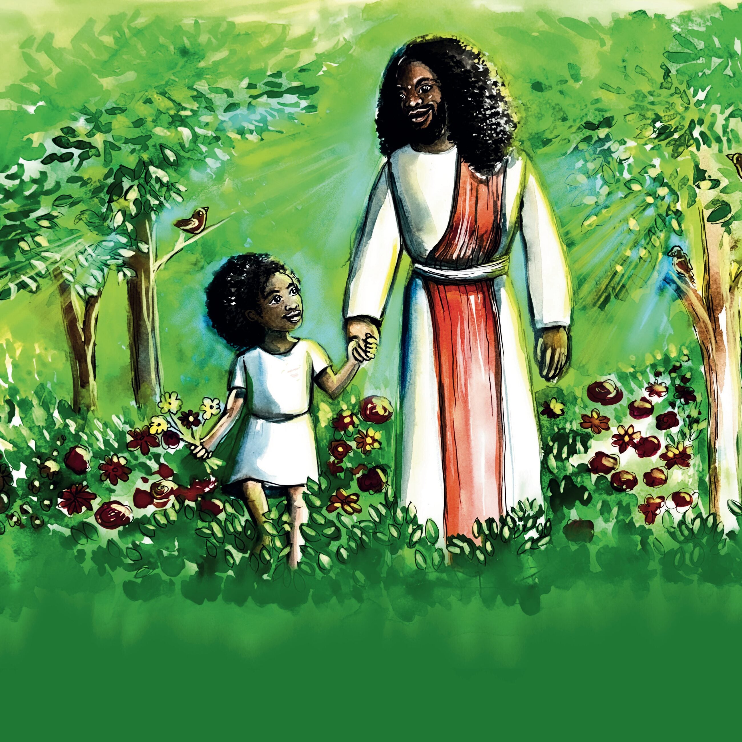 Jesus walking hand in hand with a little girl through a garden of flowers